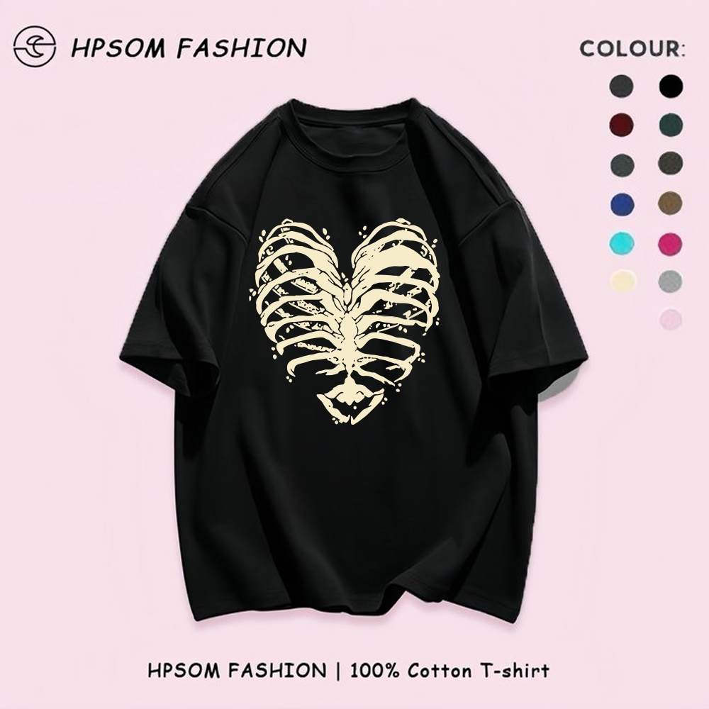 เสื้อยืดแขนสั้นผู้หญิง HPSOM ลายหัวใจสีเหลือง ผ้าฝ้าย 100% เสื้อยืดโอเวอร์ไซส์ทรงหลวม