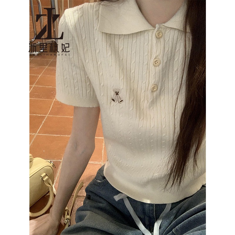 ZHELIHANGFEI   แอปริคอทน์มโปโล คอปกเสื้อถักแขนสั้น สไตล์ญี่ปุ่น เอวสูง