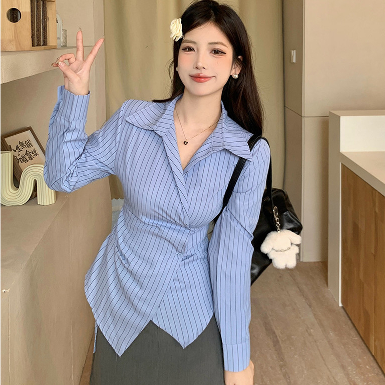 Hermarou เสื้อเชิ้ตผู้หญิง แขนยาว เสื้อยืด สีฟ้า ลายทาง ทรงหลวม ดีไซน์ไม่สม่ำเสมอ