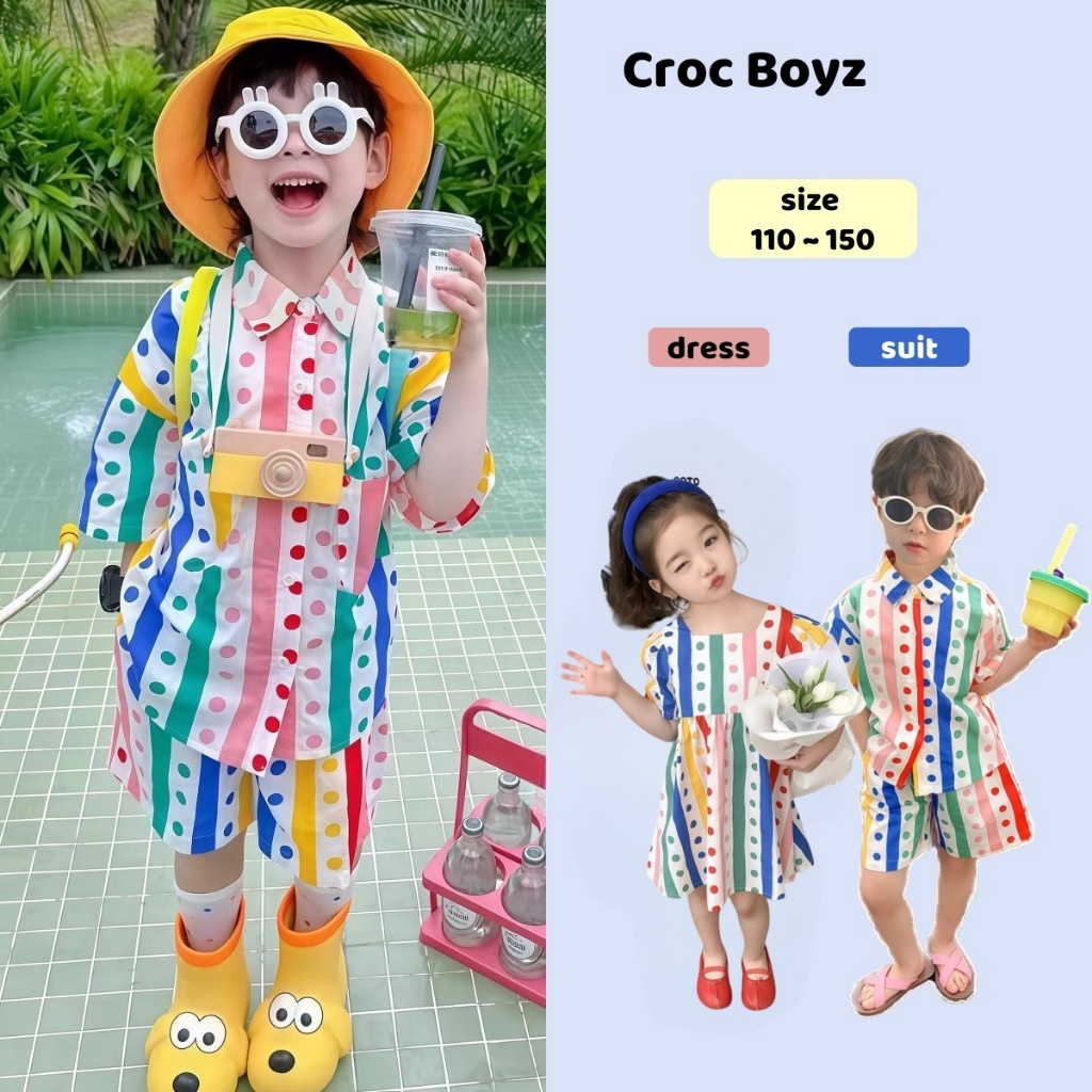 Croc Boyz พร้อมส่ง กระโปรงเด็กผู้หญิง เดรสลายจุดสีรุ้ง ชุดเซ็ทลายทางชายหาดลำลองเด็กชาย แฟชั่น ฤดูร้อน ไซส์ 110-150