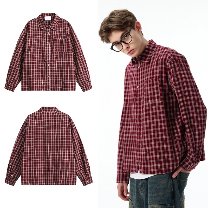 SUIKONE ซุยโคเนะ อเมริกันย้อนยุคเสื้อลายสก๊อตสีแดงฤดูใบไม้ผลิผู้ชายและผู้หญิงหลวมสบายๆเสื้อแขนยาว