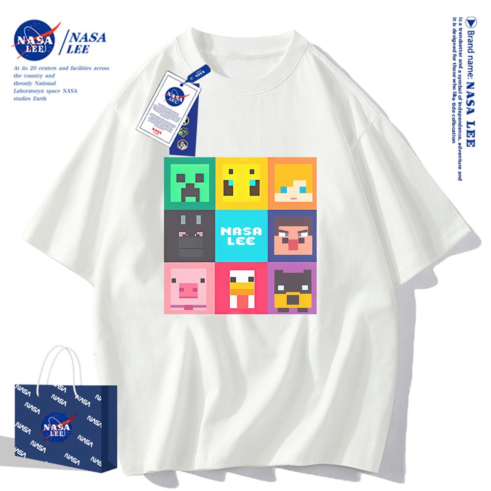 🔥จัดส่งในวันเดียว🔥เสื้อยืดแขนสั้น NASA ลายการ์ตูนพิกเซล, ผ้า 100% คอตตอน ใส่ได้ทั้งชายและหญิง
