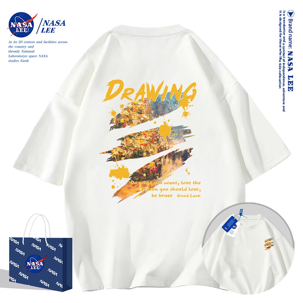 🔥จัดส่งในวันเดียว🔥เสื้อยืดแขนสั้น NASA ลายภาพวาดย้อนยุค, ผ้า 100% คอตตอน ใส่ได้ทั้งชายและหญิง