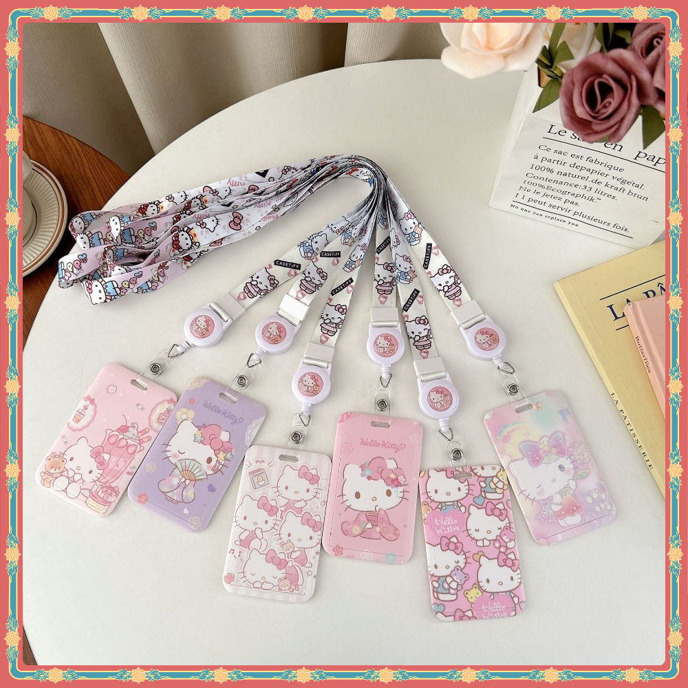 Sanrio Hellokitty Hard Shell Multifunctional Retractable Long Rope Photocard Easy Pull Buckle Anti-Lost Protective Case Bag Charm Access Control Bus MRT ABS ID