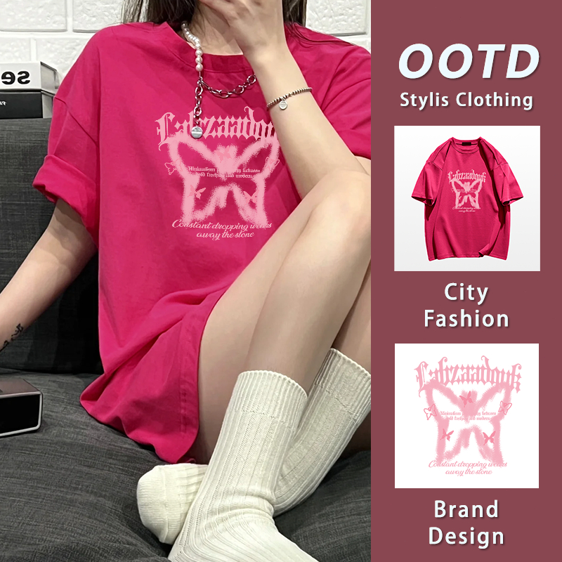 เสื้อยืดแขนสั้น ผ้าคอตตอน นุ่มสบาย สีทึบ เสื้อสาวอวบ ลายสกรีนผีเสื้อ แฟชั่น ไซส์ใหญ่ YG338