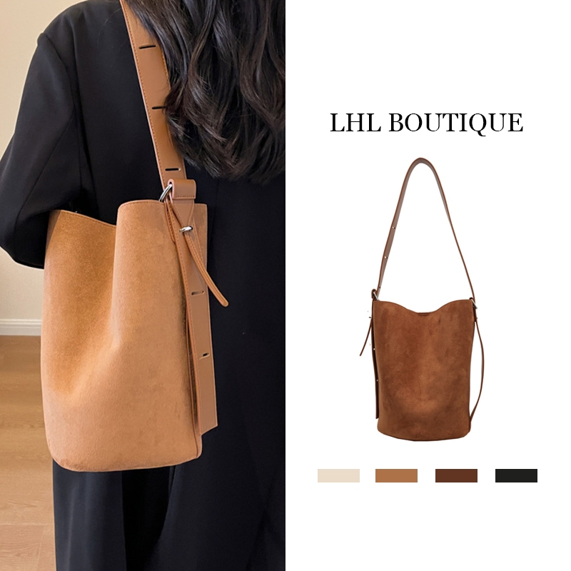 LHL BOUTIQUE กระเป๋าทรงถัง หนังกลับ กระเป๋าสีน้ําตาลวินเทจ ผู้หญิง carryall bag