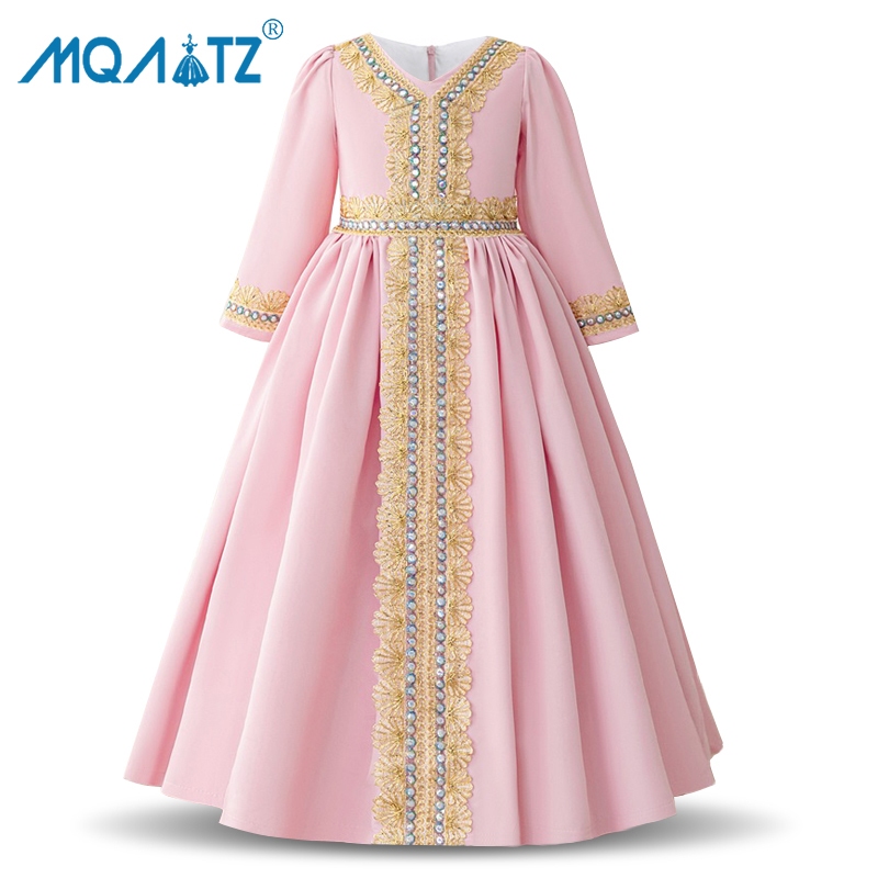 Mqatz รายา ดอกไม้เจ้าหญิงสาวชุดแขนยาวชุดมุสลิมสําหรับเด็กเครื่องแต่งกายสีชมพูพรรคชุดเด็กเสื้อคลุม AMSL39