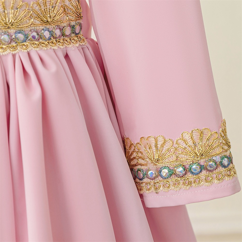 Mqatz รายา ดอกไม้เจ้าหญิงสาวชุดแขนยาวชุดมุสลิมสําหรับเด็กเครื่องแต่งกายสีชมพูพรรคชุดเด็กเสื้อคลุม AMSL39
