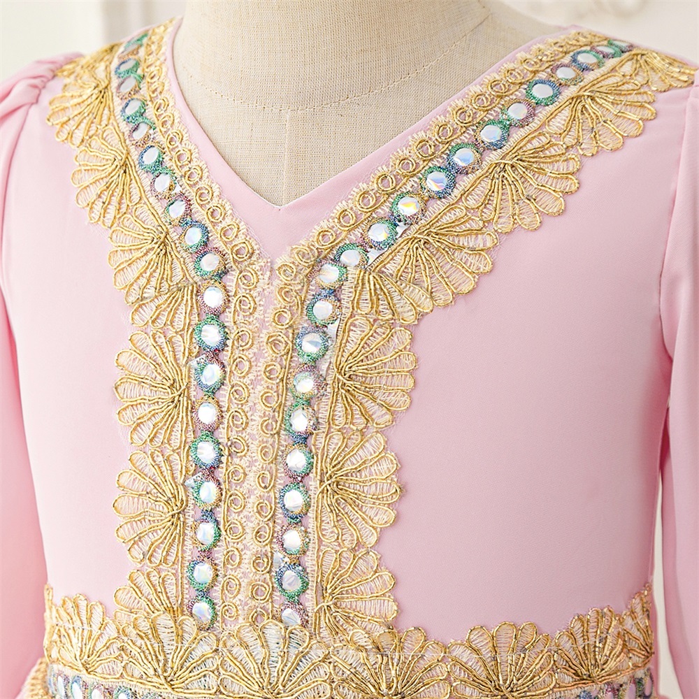 Mqatz รายา ดอกไม้เจ้าหญิงสาวชุดแขนยาวชุดมุสลิมสําหรับเด็กเครื่องแต่งกายสีชมพูพรรคชุดเด็กเสื้อคลุม AMSL39