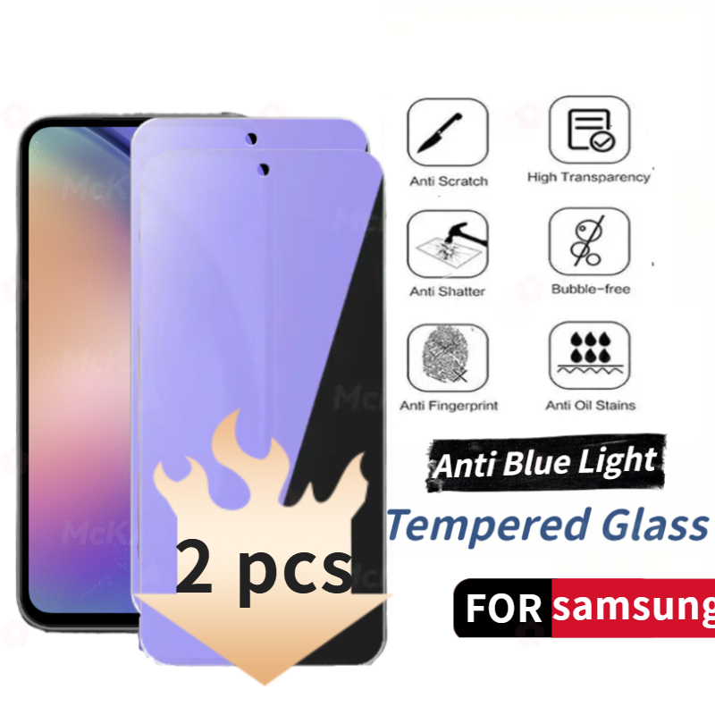 2 PCS ป้องกันแสงสีฟ้า Samsung ปกป้องดวงตาของคุณ ฟิล์มกระจก Galaxy A55 A35 A06 A16 A05s A05 A54 A15 A25 A24 A14 A34 A04e A04s A03s A53 A13 A06 ถนอมสายตา กรองแสง เต็มจอ ฟิล์มกระจกนิรภัยป้องกันแสงสีฟ้า