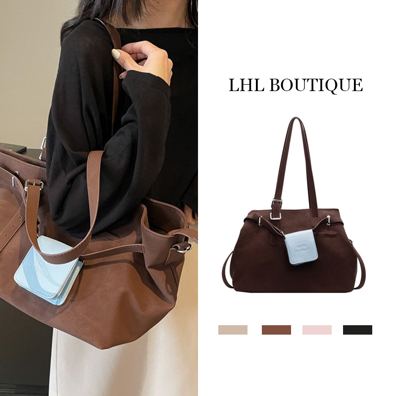 LHL BOUTIQUE กระเป๋าสะพายข้าง ย้อนยุค สีน้ำตาล ผู้หญิง suede bag กระเป๋าสวยๆ