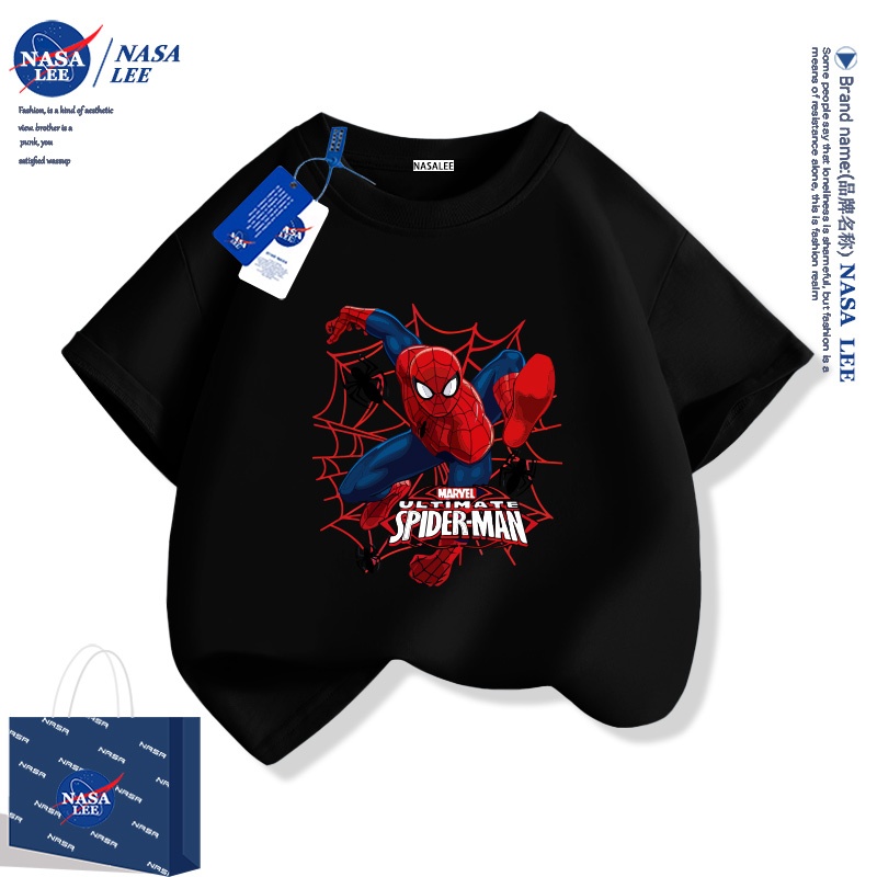 NASA เสื้อยืดคอกลมผ้าฝ้ายบริสุทธิ์สีขาวสำหรับเด็ก ปี 2025 แบบใหม่เท่ๆ ลายสไปเดอร์แมนสำหรับเด็กชายและเด็กหญิง แขนสั้น