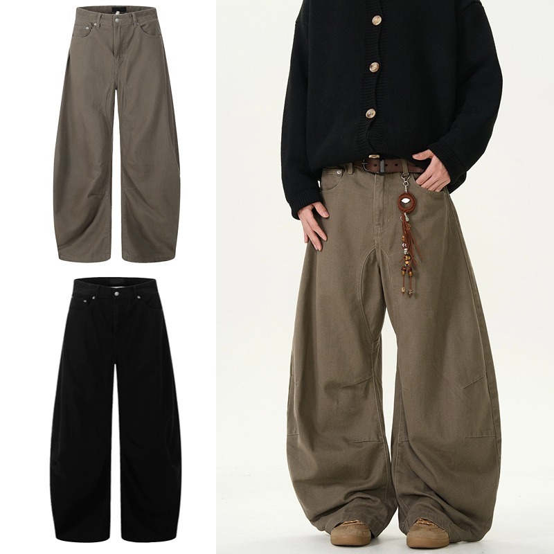 SUIKONE ซุยโคเนะ อเมริกันย้อนยุคโค้งเงาออกแบบกางเกงยีนส์ฤดูใบไม้ผลิผู้ชายและผู้หญิงกางเกงขากว้างหลวม