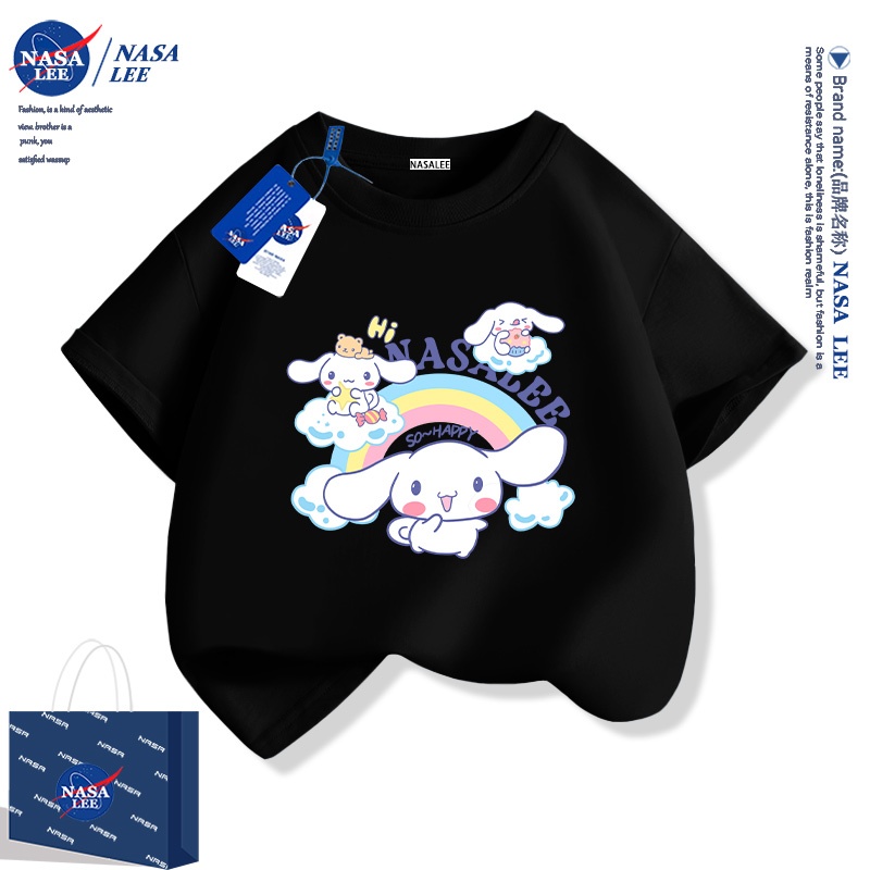 NASA เสื้อยืดผ้าฝ้ายสีดำสำหรับเด็ก ปี 2025 แบบใหม่ฤดูร้อนเด็กชายและเด็กหญิงการ์ตูนต้นฉบับลายสุนัขซินนามอนพิมพ์ลายแขนสั้นหลวม