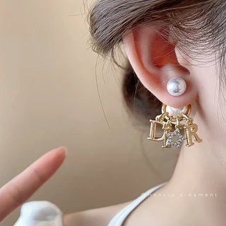 ชุดเข็มเงินกับเพชรดาวจดหมายต่างหูมุกฝรั่งเศสวินเทจแฟชั่นอารมณ์ต่างหูแสงหรูหราความรู้สึกสูงต่างหูหญิง