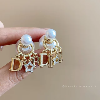ชุดเข็มเงินกับเพชรดาวจดหมายต่างหูมุกฝรั่งเศสวินเทจแฟชั่นอารมณ์ต่างหูแสงหรูหราความรู้สึกสูงต่างหูหญิง