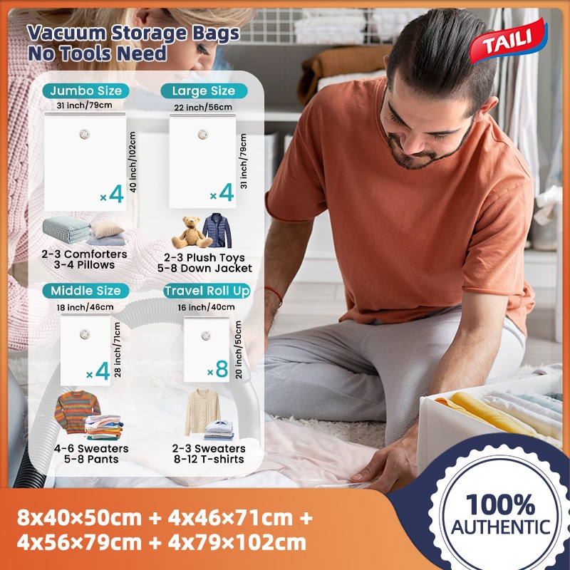 Taili 12 Pack Travel Compression Bags Space Saver Bag บรรจุแบบใช้ซ้ําได้สําหรับกระเป๋าเดินทางกระเป๋าเดินทางกระเป๋าเป้สะพายหลัง