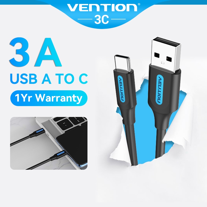 Vention สาย USB A ถึง Type C 3A สายชาร์จเร็ว USB2.0 สายเคเบิลข้อมูล USB C สําหรับโทรศัพท์มือถือ
