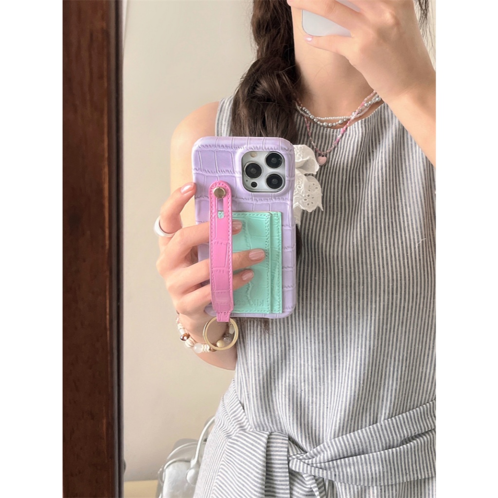 Macaron สี + สายรัดข้อมือ + กระเป๋าการ์ดสําหรับ iPhone 16 15 14 12 13 Pro Max เคส iPhone ป้องกัน anti-drop ฝาหลังกรณี