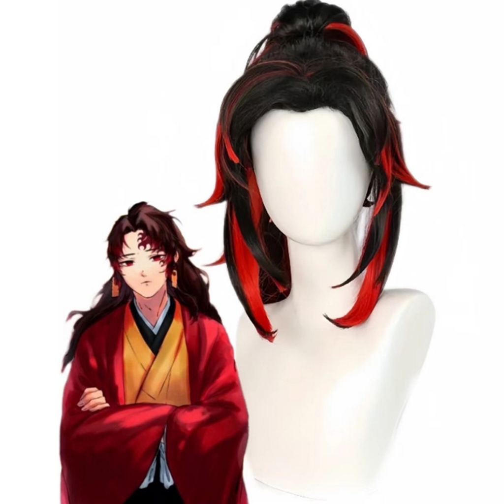 Tsugikuni Yoriichi คอสเพลย์วิกผมสีดําสีแดงยาวผมหางม้าคอสเพลย์สังเคราะห์ทนความร้อนผม