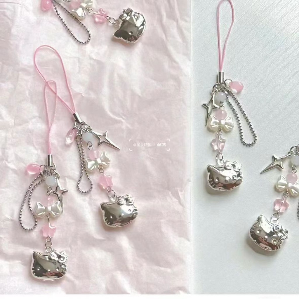 Hello Kitty โทรศัพท์เชือกโซ่ Y2K ลูกปัดลูกปัดลูกปัด Handmade ลูกปัด Strand Choker สีชมพูพวงกุญแจโทรศัพท์ Charm Key Chain หญิงของขวัญ