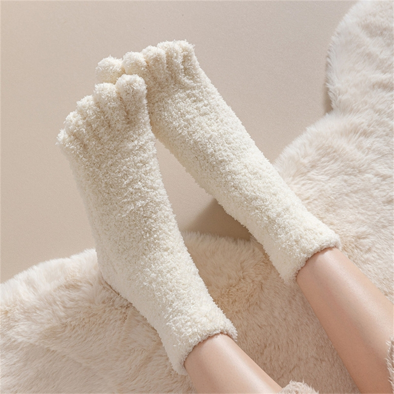 Fuzz Chary Toe ถุงเท้าผู้หญิงฤดูหนาว Warm Coral ขนแกะถุงเท้าสีทึบห้านิ้ว Furry ถุงเท้าสําหรับ Home Sle
