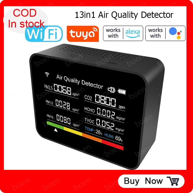 13 in 1 Tuya WIFI เครื่องตรวจจับคุณภาพอากาศอัจฉริยะ CO2 CO2 TVOC HCHO PM2.5 PM1.0 PM10 อุณหภูมิ ความชื้น เวลา วันที่ ปลุก จับเวลา นาฬิกาจับเวลา รองรับรีโมตคอนโทรล APP