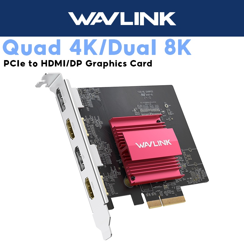 Wavlink PCIe 3.0 ถึง 8K/4K กราฟิกการ์ด DisplayLink DL7400 2HDMI+2DP พอร์ตการ์ดวิดีโอโปรไฟล์มาตรฐาน