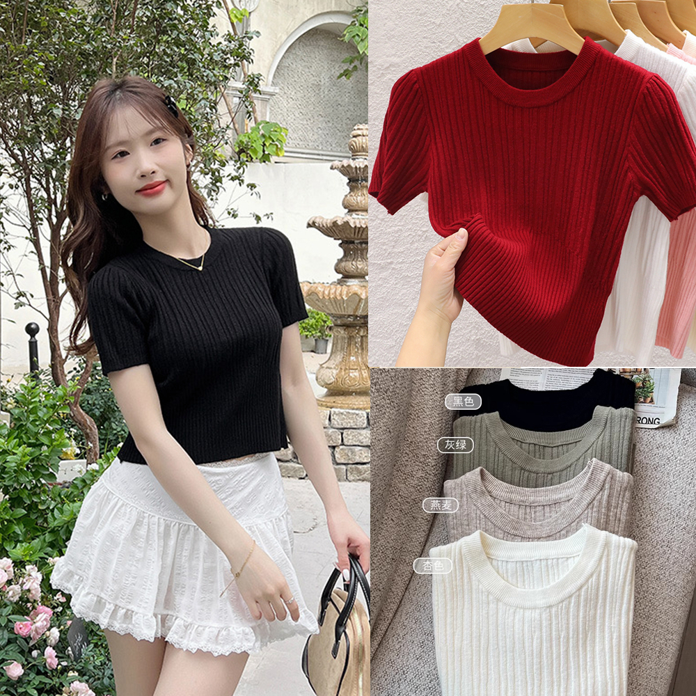 เสื้อยืดแขนสั้นผู้หญิงฤดูร้อนสไตล์ใหม่สาวร้อนรอบคอเสื้อถักสั้น