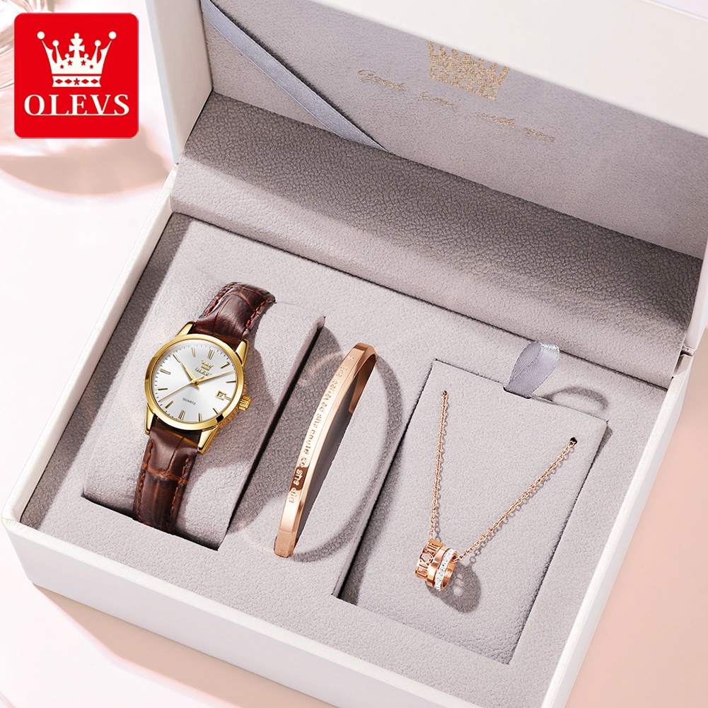 OLEVS มะกอก นาฬิกาสําหรับผู้หญิงผู้หญิงนาฬิกากันน้ําควอตซ์หนังแท้ผู้ชายกันน้ํานาฬิกาคู่