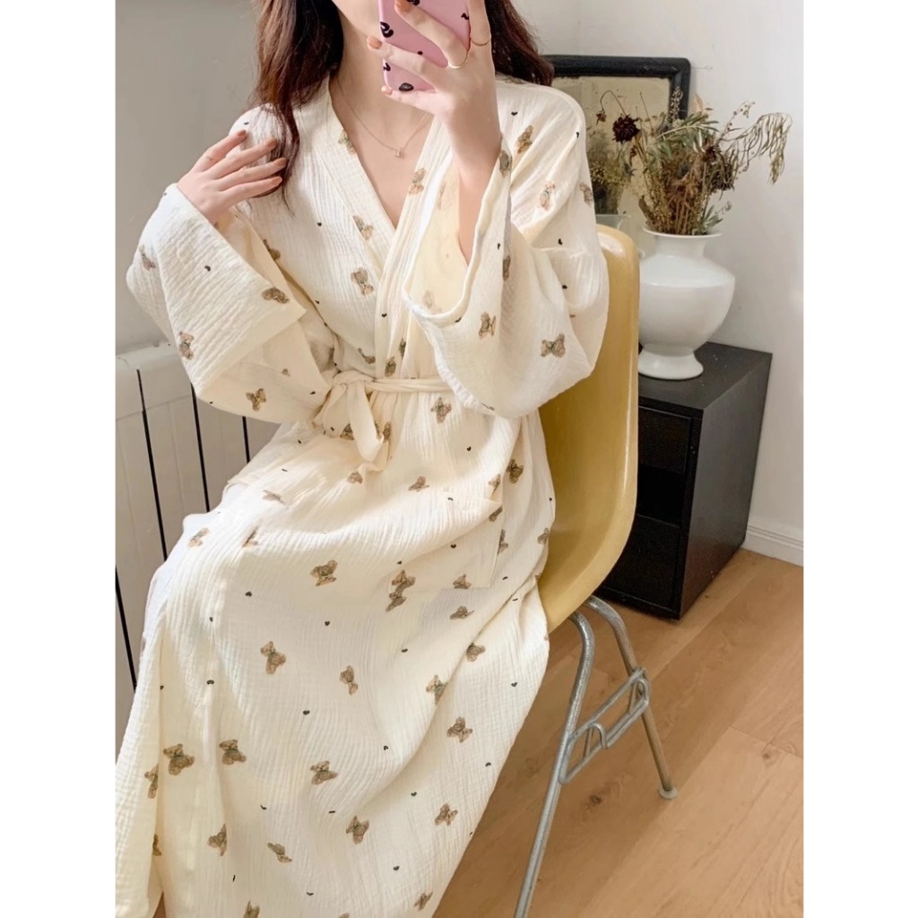 Insชุดนอนหญิงหมีน่ารักเสื้อคลุมอาบน้ํายาวnightdressแขนยาวเสื้อผ้าnightgownฤดูร้อน
