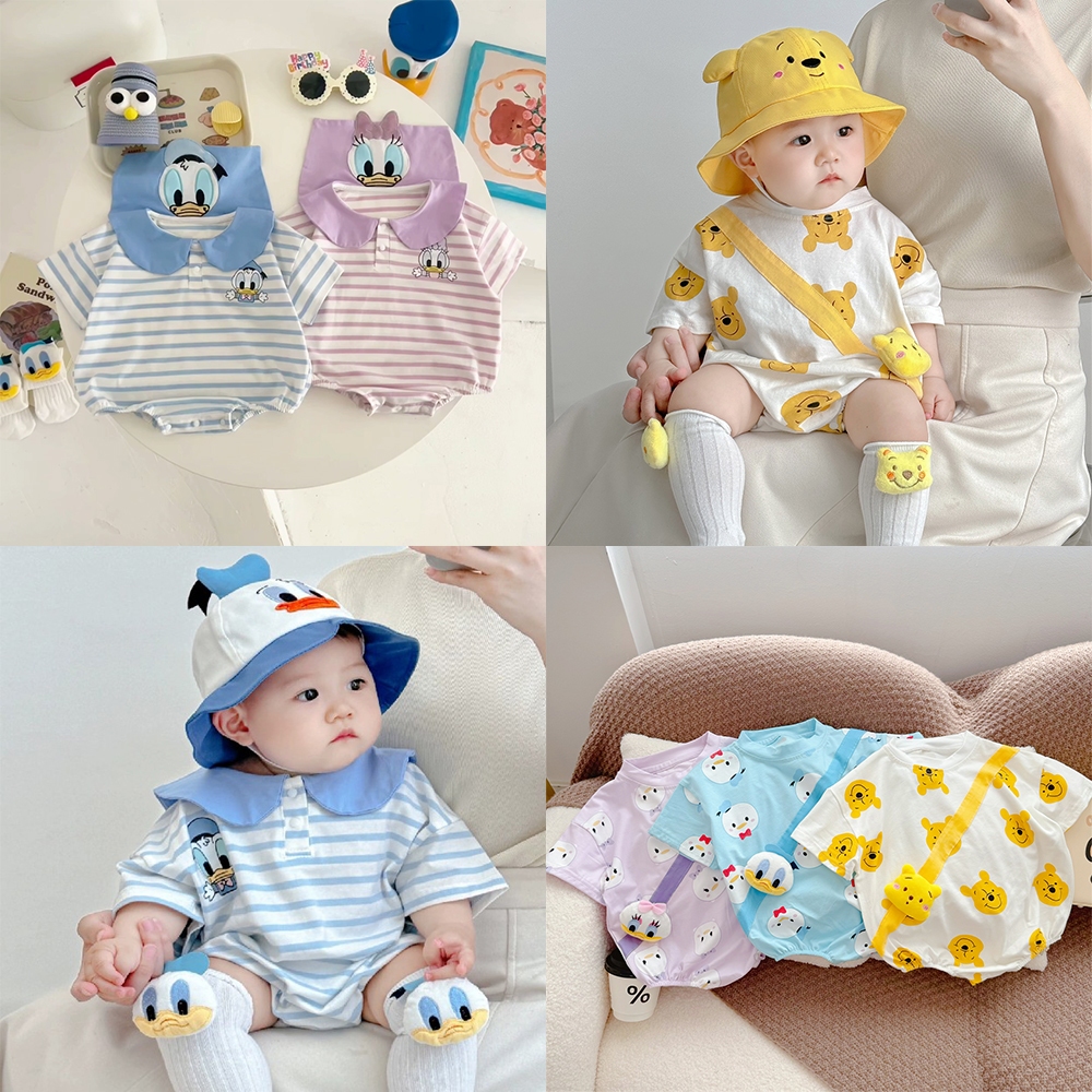 Disney Themed น่ารัก Donald Duck และ Winnie The Pooh เสื้อผ้าทารกแรกเกิด Jumpsuit เสื้อผ้าสําหรับเด็กชายและเด็กหญิง 0-24 เดือน Onesies