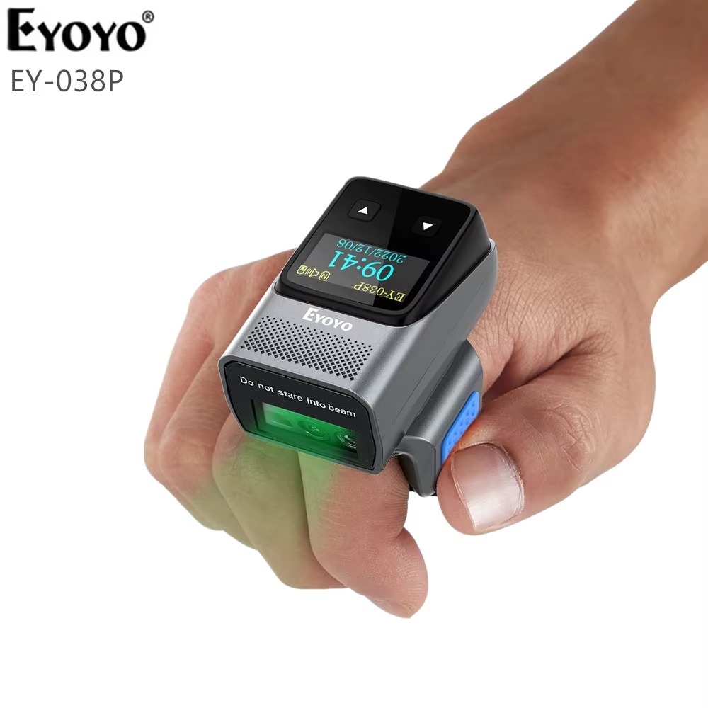 Eyoyo EY-038P เครื่องสแกนบาร์โค้ดแหวนสวมใส่พร้อมจอแสดงผล Mini 2D QR บลูทูธไร้สาย Finger Bar Code Scanner Reader สินค้าคงคลัง