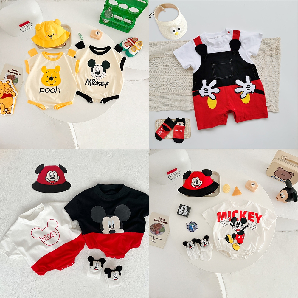 0-24 เดือนทารกแรกเกิดชุดจั๊มสูทเสื้อผ้าสําหรับเด็กชายและเด็กหญิง Disney Themed Party Mickey และ Winnie The Pooh Onesies