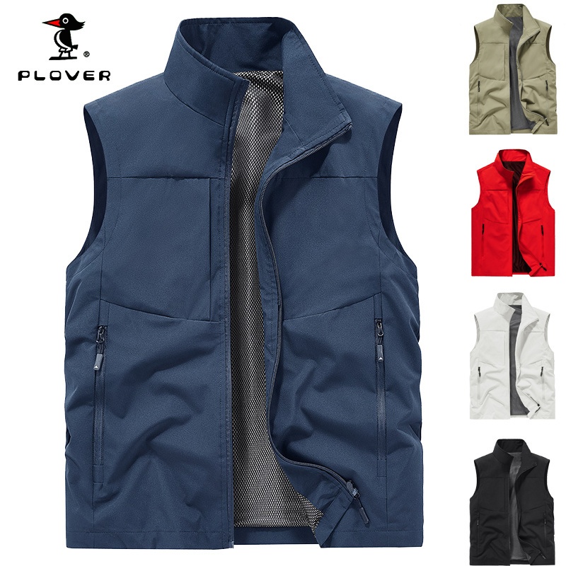 Plover เสื้อกั๊กตกปลากลางแจ้งสําหรับผู้ชายขนาดบวกเสื้อกีฬาผู้ชายกระเป๋าซิปหลายช่อง