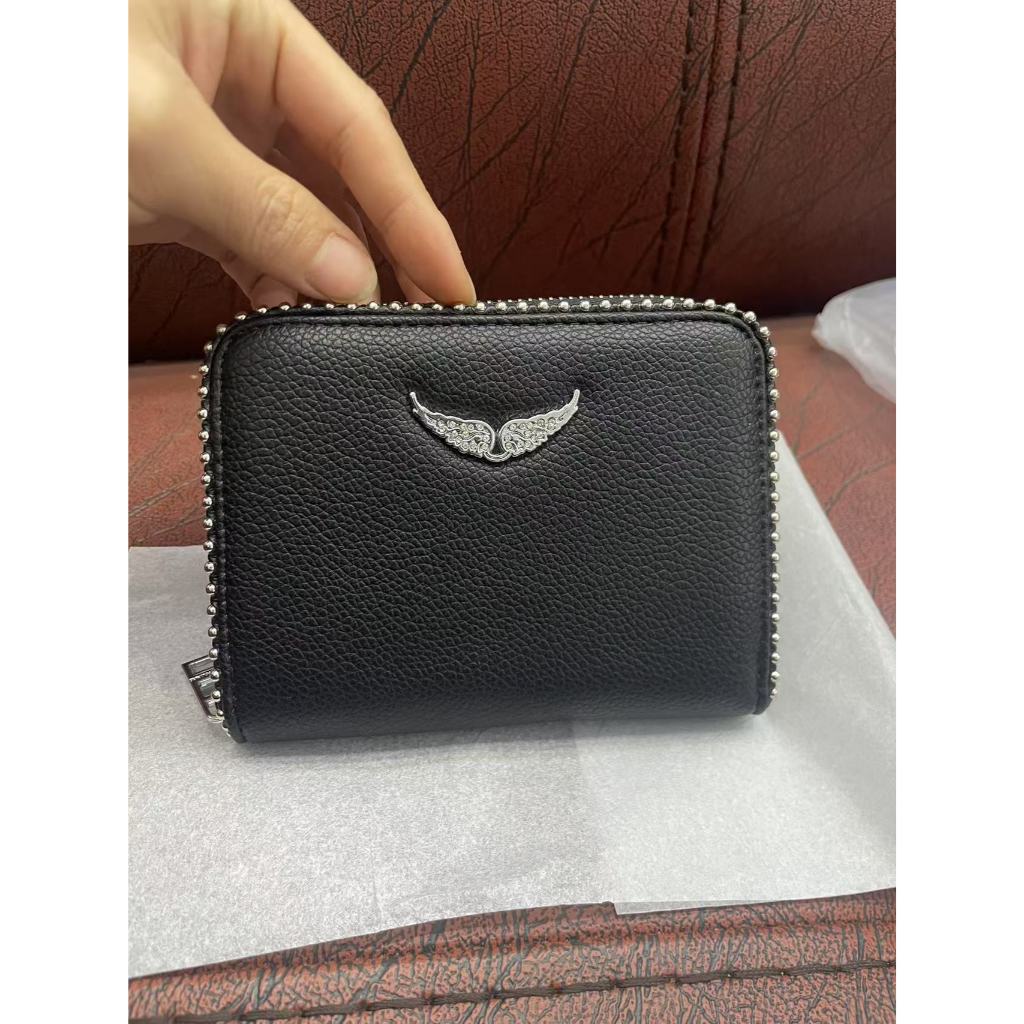 Zadig Voltaire Fashion Black Leather Hot Diamond Wings Zipper Short Wallet