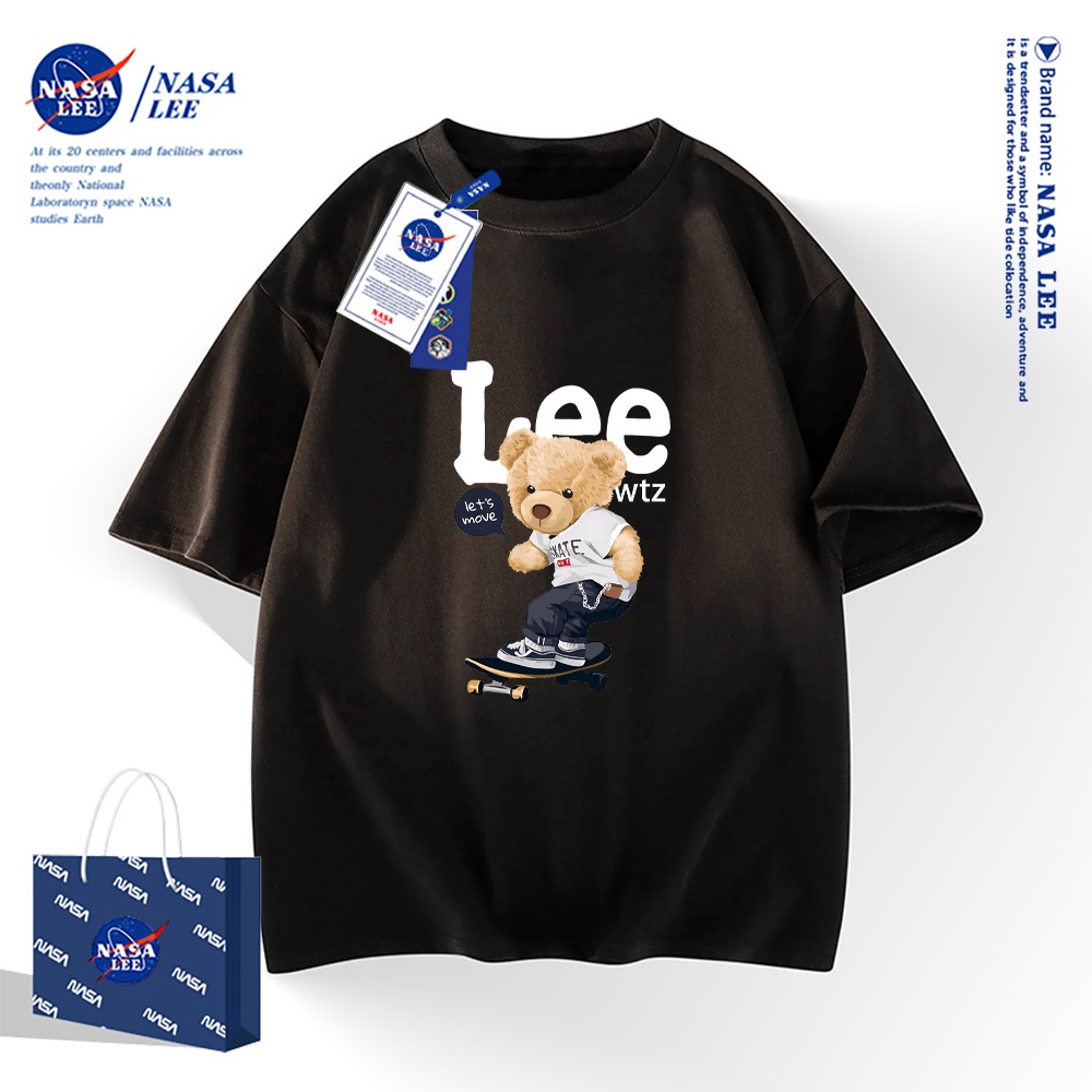 NASA เสื้อยืดแขนสั้น 100% คอตตอนสไตล์อเมริกัน สำหรับผู้ชายและผู้หญิง เสื้อดีไซน์ต้นฉบับลายหมีสุดเท่