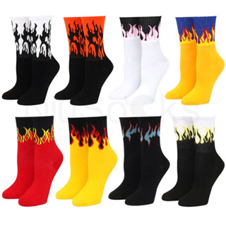 ถุงเท้าสเก็ตบอร์ด ข้อยาว พิมพ์ลายเปลวไฟ หลากสี สไตล์ฮิปฮอป แ…