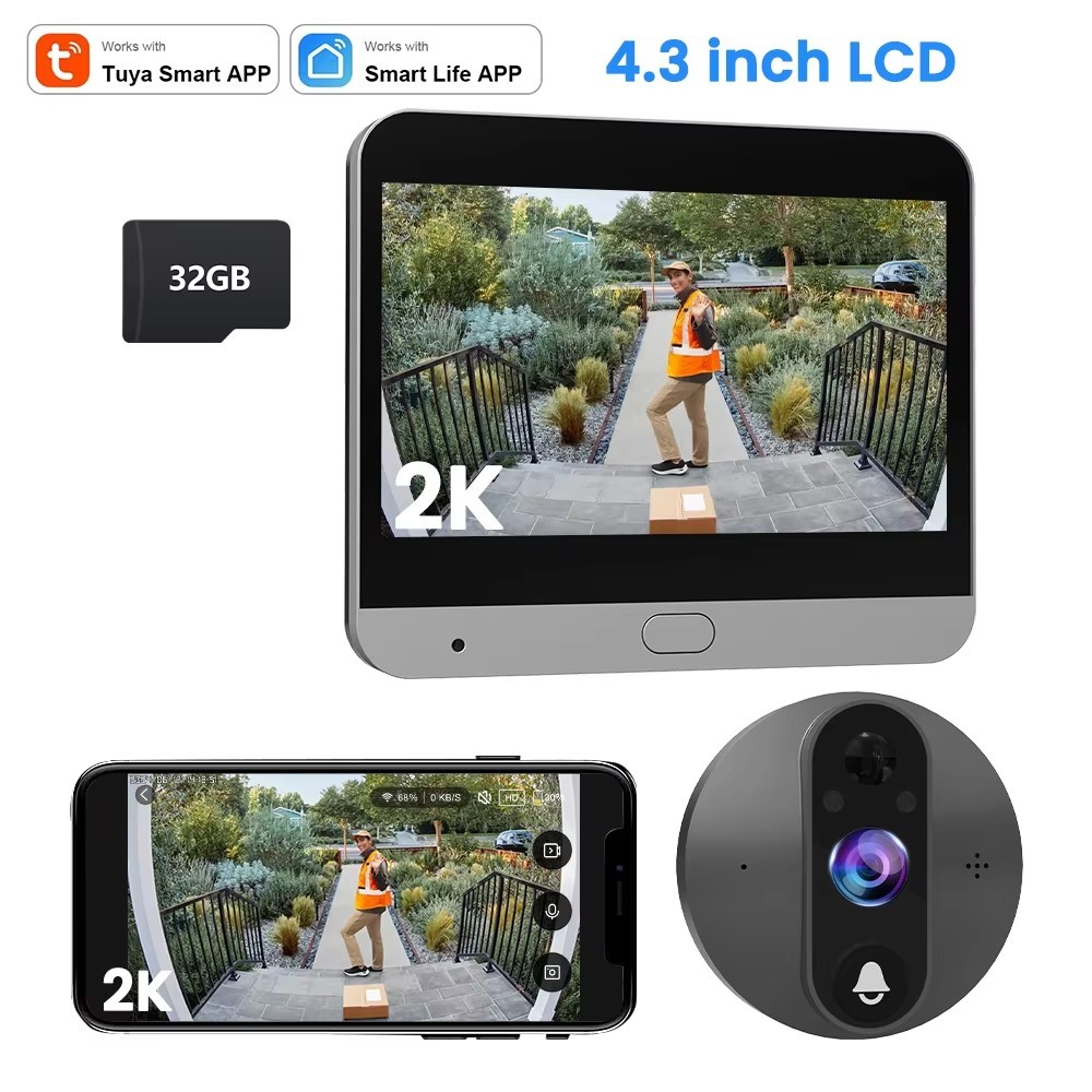 XINGCHEN 2K Tuya Digital Peephole Viewer WiFi Doorbell Cat Eye ประตู Bell จอภาพกลางแจ้งพร้อมรองรับ Smart Life