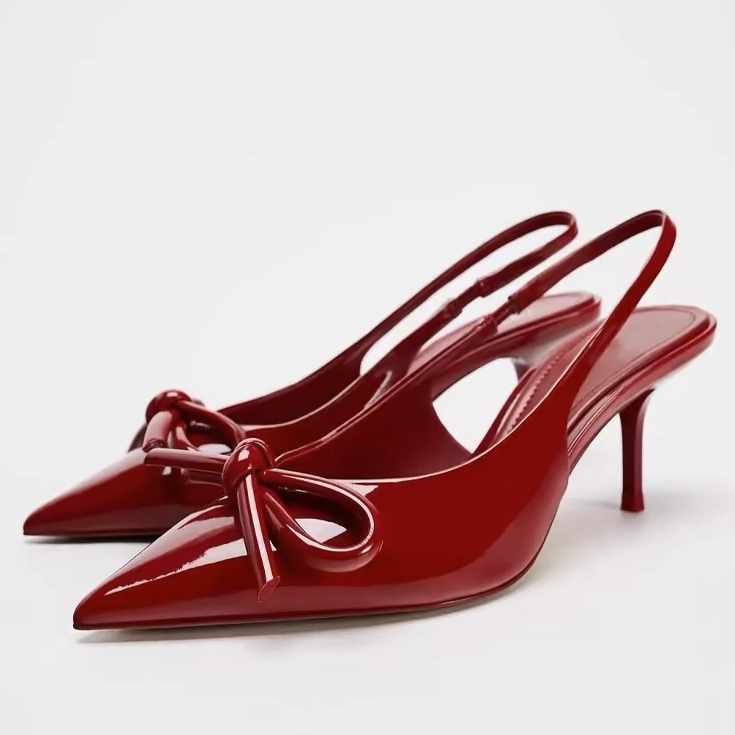 รองเท้าแฟชั่นสำหรับผู้หญิง ส้นสูงหัวแหลมผูกโบว์ ส้นเข็ม ส้นเข็มแบบสวมหลัง - รูปที่ 5