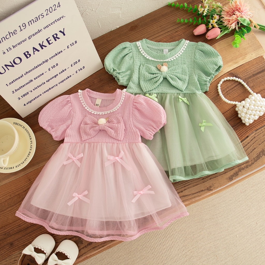 (0-3 ปีเด็กสาวชุดเจ้าหญิง) ฤดูร้อนใหม่หวานโบว์ฟองแขนสั้นเสื้อผ้าเด็ก
