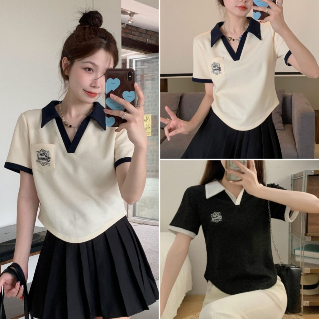 Betty house🌸พร้อมส่ง เสื้อยืดแขนสั้นผู้หญิงคอวีสองสีเกาหลี เสื้อแขนสั้นทรงหลวมลำลองดูผอมเรียบง่าย