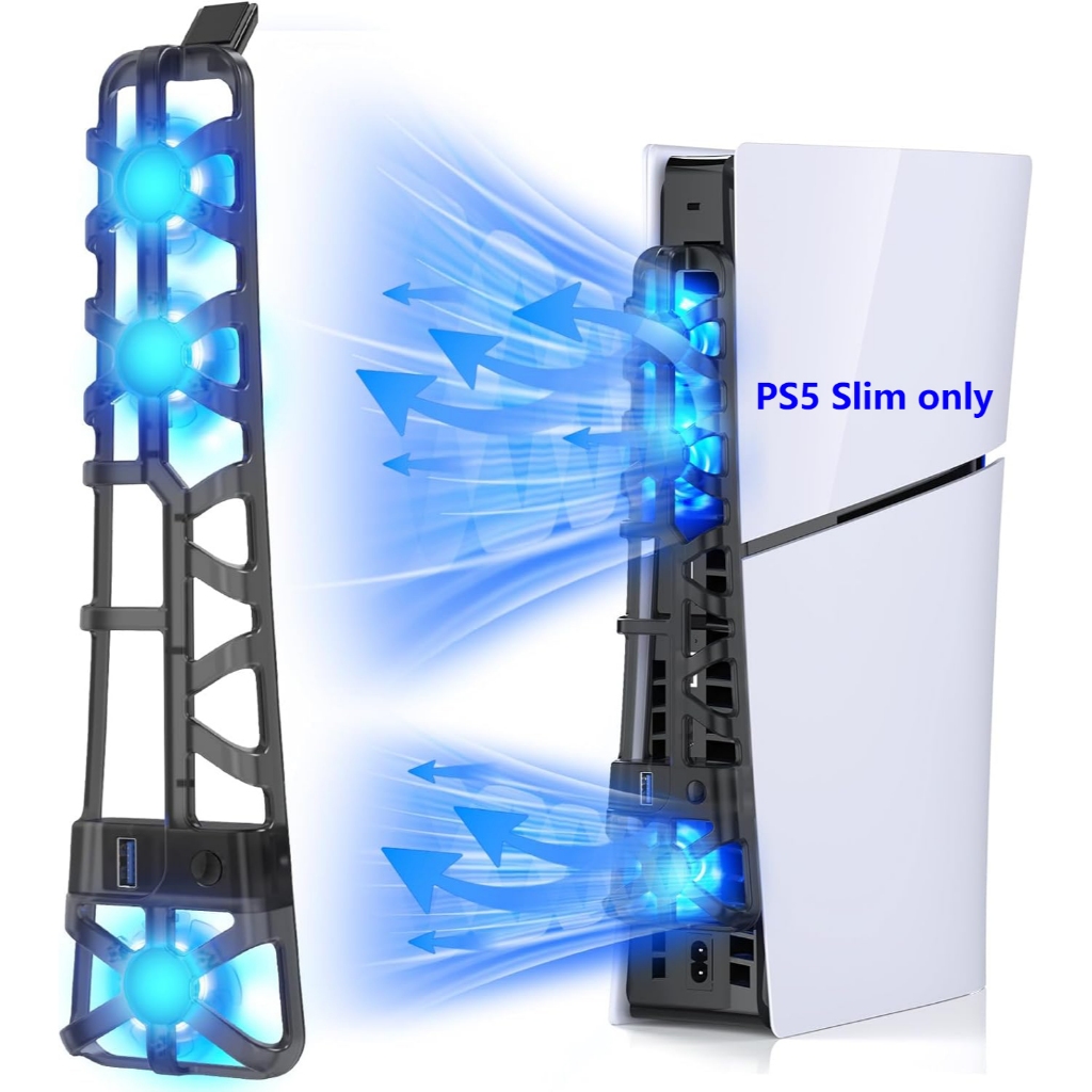 DOBE พัดลมระบายความร้อนสำหรับเครื่องเล่น PS5 Slim, มีฟังก์ชันบันทึกค่า, ไฟ LED, พัดลมความเร็วสูง 3 ตัว และพอร์ต USB 3.0