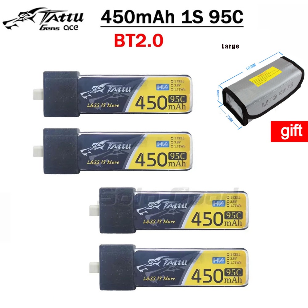 4pcs TATTU BT2.0 450mAh 1S HV 3.8V 95C FPV Lipo พร้อม BT2.0 Connector สําหรับ FPV Tiny Whoop 1S Brus