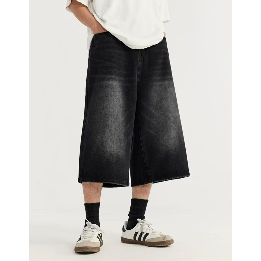 CabinFashion Mens American Retro Cropped Straight Baggy jorts Casual Cats Whiskers Washed Jeans