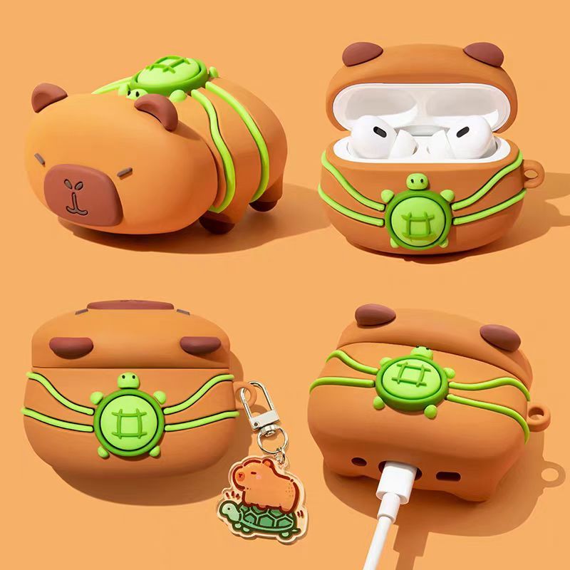 เคส Capybara สําหรับ AirPods4/4ANC(2024)1/2/3/Pro/Pro2 เคสซิลิโคนอ่อนนุ่มพร้อมคาราบิเนอร์