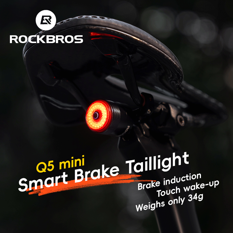 Rockbros ไฟจักรยานสมาร์ท IPX6 กันน้ําสมาร์ทอัตโนมัติเบรค Sensing ไฟท้ายชาร์จ Q5Mini LED อุปกรณ์เสริมจักรยาน