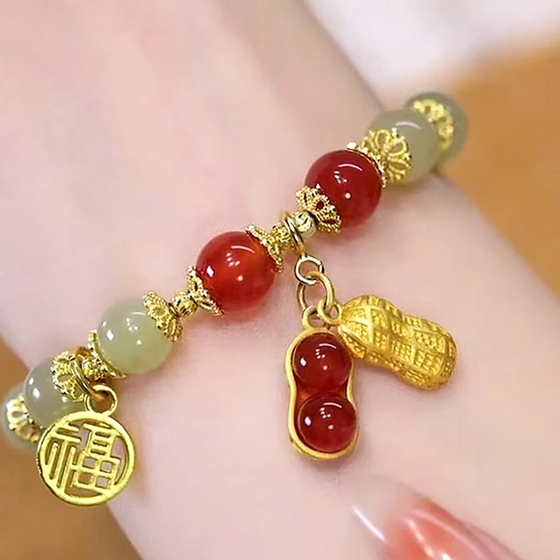 poppyjoy CODส่งเร็ว สร้อยข้อมือ จี้ถั่วลิสงนําโชค ประดับหยก ลูกปัด สองชั้น สไตล์จีนวินเทจ สําหรับผู้หญิง เสริมดวงเฮง