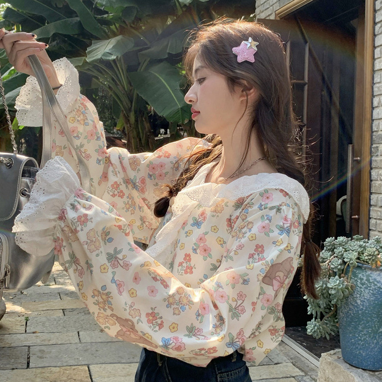 Laterme ออกแบบดอกไม้เสื้อแขนยาว ผู้หญิงต้นฤดูใบไม้ร่วงสไตล์ใหม่หวานหลวมด้านบน