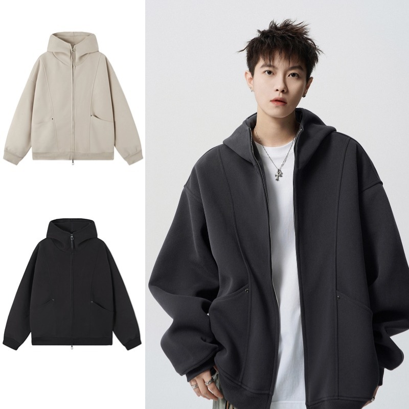 SUIKONE ซุยโคเนะ เสื้อกันหนาวมีฮู้ดสีทึบฤดูใบไม้ผลิสําหรับผู้ชายอเมริกันย้อนยุคผู้ชายและผู้หญิงซิปเสื้อสเวตเ